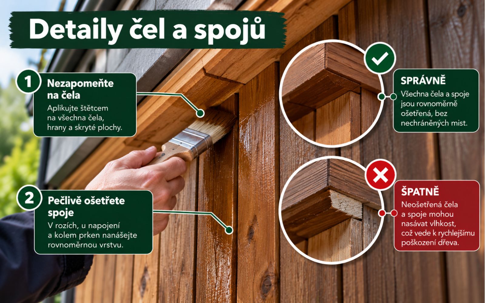 Detaily čel a spojů na dřevěné fasádě při práci s Rubio WoodCream